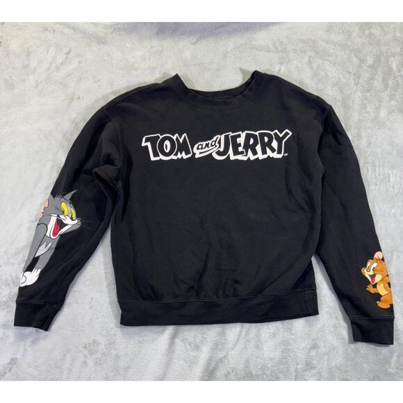 Tom & Jerry Black Sweatshirt Medium Pullover  With Sleeve Graphics Fleece-Lined - Picture 8 of 16